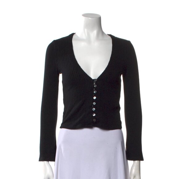 Reformation Black Ribbed V Neck Long Sleeve Cardigan - Picture 1 of 5